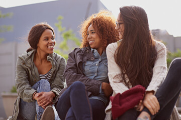 Poster - Friends, female student and campus on class, break and relax for fun at university. Happy, outside and diversity at school and education for women learners, smile and academics or learning at college