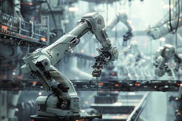 Wall Mural - : A network of interconnected robotic arms working in a futuristic factory.