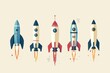 Stunning and colorful vintage retro rocket collection featuring minimalist mid-century modern designs and pastel colors