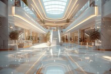 Interior In A Modern Shopping Center. Interior Design Of A Shopping Mall In Light Colors. Business And Finance Concept