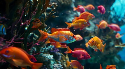 Wall Mural - A school of vibrant tropical fish swimming gracefully among the coral, their dazzling colors adding to the beauty of the underwater world.