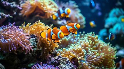 Canvas Print - A school of clownfish swimming among colorful coral reefs, their vibrant orange and white stripes adding a splash of color to the underwater landscape.