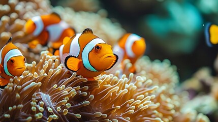 Wall Mural - A school of clownfish swimming among colorful coral reefs, their vibrant orange and white stripes adding a splash of color to the underwater landscape.