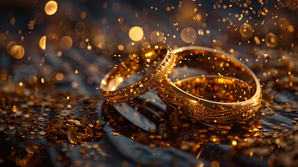 three golden rings of varying sizes, suspended in an elegant and festive atmosphere.