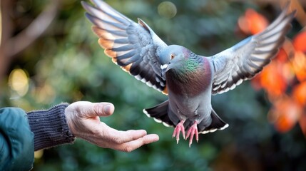 Canvas Print - A pigeon flying towards a hand that is reaching out, AI