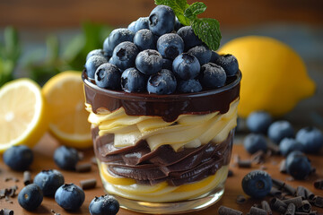 Sticker - A tangy lemon and blueberry parfait layered with a rich dark chocolate mousse, offering a delightful mix of fruity and indulgent flavors. Concept of layered desserts and texture play. Generative Ai.