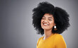 © peopleimages.com - African, beauty and woman with natural hair care in studio, background and mock up with happiness. Cosmetics, treatment and girl with makeup, skincare or pride in healthy afro texture or style