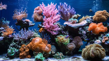 Wall Mural - A large aquarium with many different types of corals and fish, AI