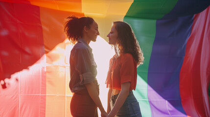 Sticker -  homosexual girlfriends holding hands while standing with raised LGBT flag and looking at each other with smiles