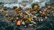 Pollution event plastic waste pile floating on water, carried by wind wave