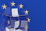Fototapeta  - European elections. Transparent ballot box against the backdrop of the European Union flag. 