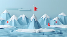 Isometric Diorama Of An Island In The Middle Of Icy Water With Mountains Surrounding It. There Is One Flag On Top And Red Flags On Two Small Hills On Each Side