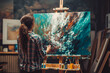 © VisualProduction - Talented Female Artist Works on Abstract Oil Painting, Using Paint Brush She Creates Modern Masterpiece. Dark and Messy Creative Studio where Large Canvas Stands on Easel Illuminated.