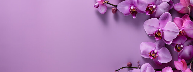 Wall Mural - Purple orchids border a frame on a purple background with copy space. in a flat lay top view