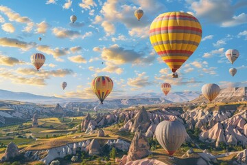 Wall Mural - Balloon Tourism, Air Balloons in Sky, Mountain Landscape with Ballooning, Turkey Landscape