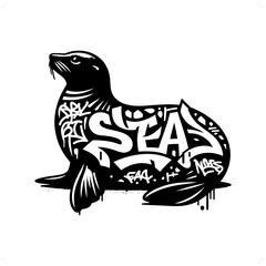  seal; sealion silhouette, animal graffiti tag, hip hop, street art typography illustration.
