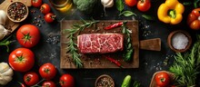 Raw Meat On Cutting Board With Vegetables And Spices