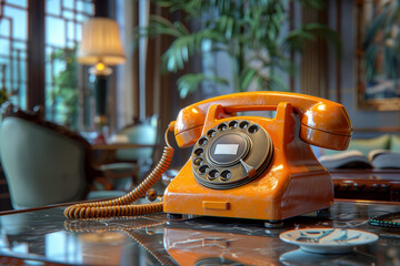 Poster - A classic rotary phone sitting on a retro desk, representing the communication devices of the 1960s. Concept of nostalgic telephone technology. Generative Ai.