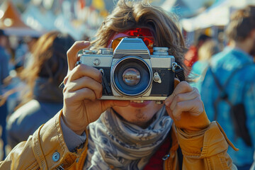 Canvas Print - A vintage camera capturing candid moments at a summer music festival, preserving memories in nostalgic film. Concept of nostalgic festival photography. Generative Ai.