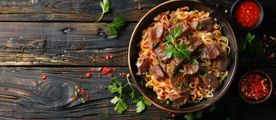 Sticker - A dish of beef and noodles