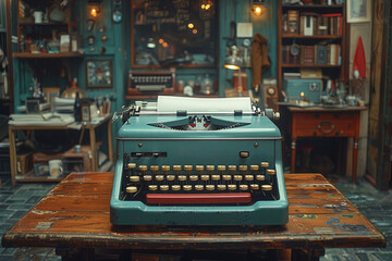Poster - A vintage typewriter clacking away in a writer's study, capturing the tactile experience of analog writing. Concept of nostalgic literary creation. Generative Ai.