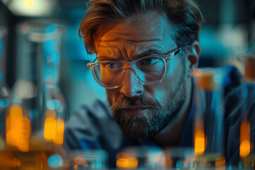 Poster - a scientist conducting experiments in a laboratory, pushing the boundaries of knowledge and discover