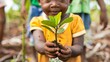 Closeup of a young child holding a newly planted mangrove tree sapling a crucial ecosystem protector as part of a communityled initiative to restore damaged coastal areas and promote .