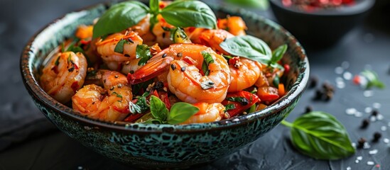 Poster - Bowl of Shrimp and Basil on Table