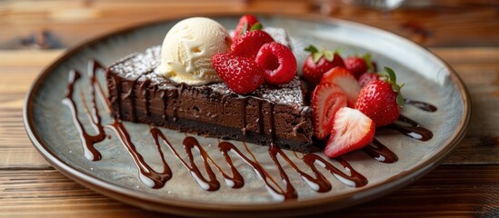 Wall Mural - Delicious Chocolate Cake With Strawberries and Ice Cream