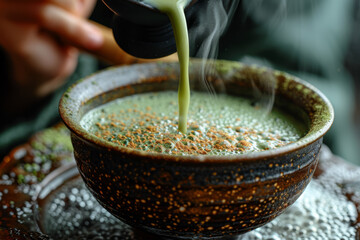 Sticker - A velvety matcha latte, whisking vibrant green matcha powder with steamed milk for a creamy and antioxidant-rich beverage. Concept of Japanese tea ceremony. Generative Ai.