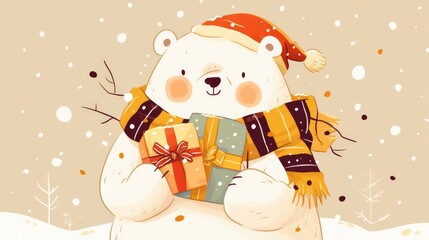 Canvas Print - A cute cartoon bear sporting a cozy scarf and hat is cheerfully clutching a bunch of gifts