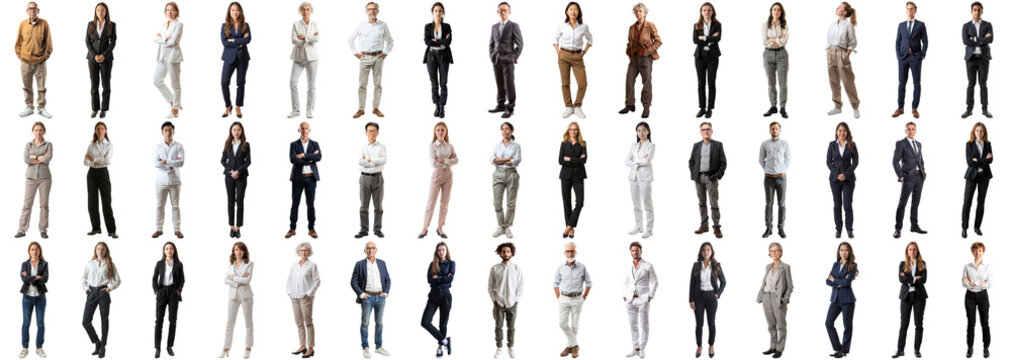 many business people set isolated background, casual formal attire wear, full body length, networkin