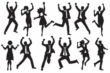 Wall Mural - Set of happy business people celebrating victory or success. The concept of joy. Men and women are excited vector icon, white background, black colour icon