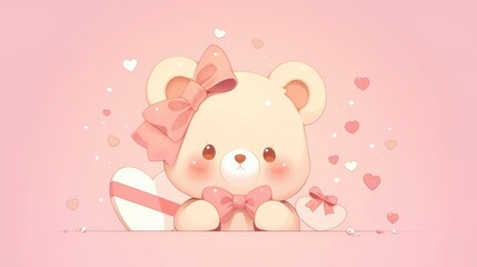Canvas Print - An adorable teddy bear girl sporting a pretty pink bow on her head is joyfully accompanied by a heart mascot as they celebrate Valentine s Day together in this charming 2d illustration set a
