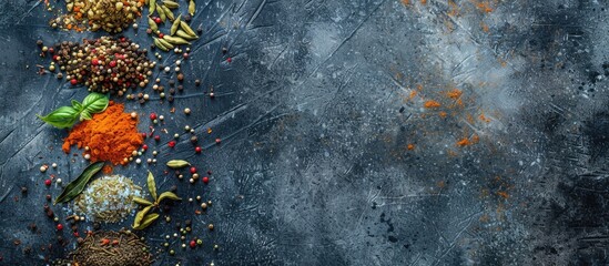 Wall Mural - Different types of spices arranged on a stone tabletop, seen from above with space for text.