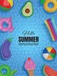 hello summer poster with 3d colorful swimming rings, beach balls and flost rafts on pool water texture