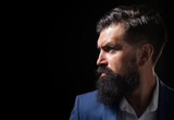 Fototapeta Panele - Male face profile with beard and mustache. Shampoo and conditioner for a clean and soft beard. Man beauty care, facial hair care. Beard oil.