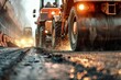 road construction site with roller compactor and asphalt finisher machines industrial photography action shot