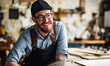 Digital portrait of a man working in a workshop, cabinetmaker, architect, object designer, smiling person at work in the office, guy with beard, glasses and tattoo, nice and friendly, cheerful smile