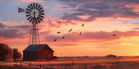 Windmill, Farm, Geese, Wind Turbine Electricity Generator, Renewable Energy Power Technology Environment Farm Landscape at Sunset