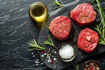 Wall Mural - top view red raw meat and salt and oil on black wooden background