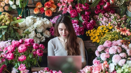 Poster - marketing strategist planning campaigns on a laptop while surrounded by blooming flowers
