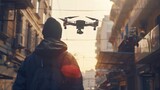 Fototapeta  - drone operator controlling a delivery drone remotely, navigating it through urban airspace with ease