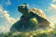 A giant cartoon tortoise wearing a tiny chefs hat, preparing a feast of lettuce and fruit for its friends , 3d style