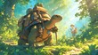 A giant cartoon tortoise wearing a backpack, setting off on a hiking adventure through a lush forest , 3d style