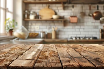 rustic wooden table on blurred kitchen background