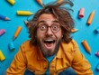 A man with a beard and glasses is smiling and laughing while surrounded by colorful pencils. Concept of joy and playfulness, as the man is having a good time