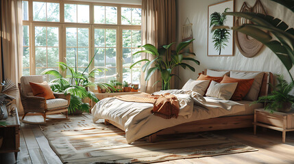 Wall Mural - Rustic home design with ethnic decoration, Bed with pillows, wooden furniture, plants in pots, armchair and curtains on large windows in cozy bedroom interior, nobody, flat lay, panorama, free space