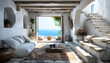 A beautiful interior of a Greek beach house room, perfect for a relaxing summer vacation