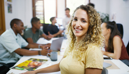 Poster - Woman, portrait and smile with office, meeting and collaboration for small business startup. Team, planning and brainstorming with discussion, conversation or coworking for online design agency